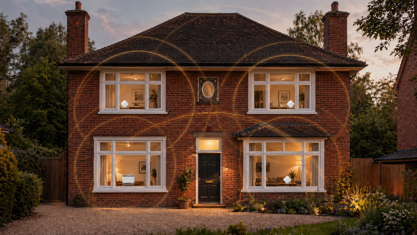 A Cambridge home at dusk with Wi-Fi mesh nodes glowing through the windows of every room — orange waves of signal flowing between them