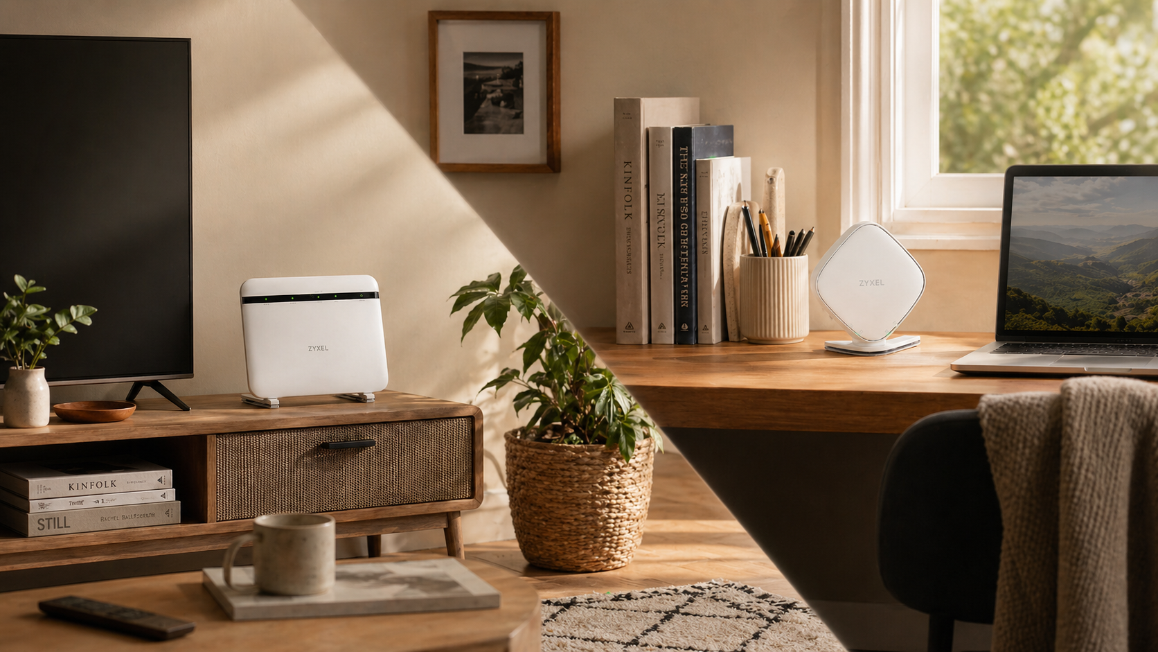 Cambridge Fibre Wi-Fi router and mesh node in a Cambridge home — router on a media unit, mesh node on a desk by the window